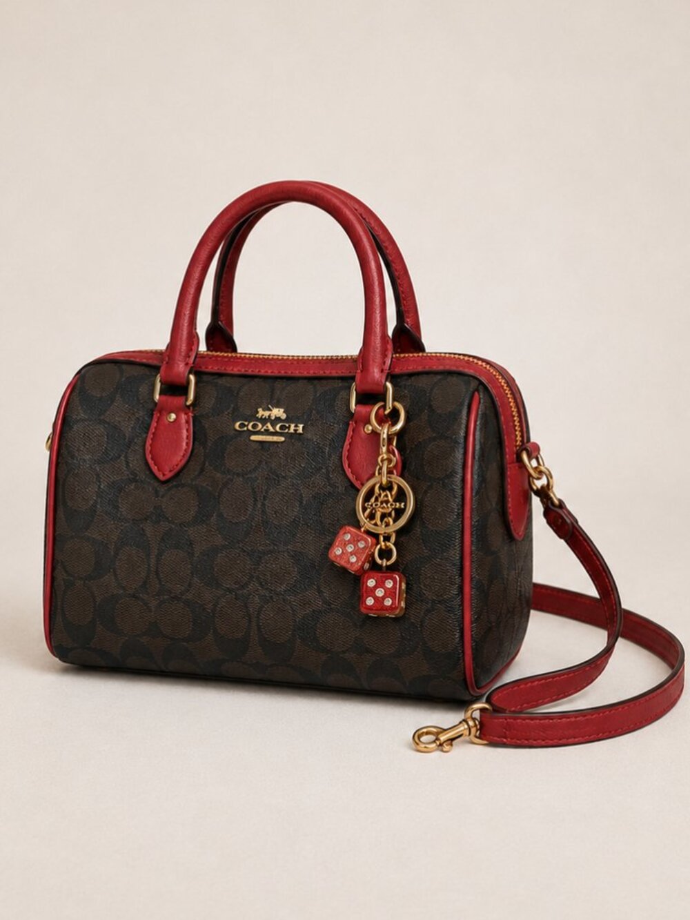 NWT Coach Rowan Satchel Signature Canvas Oxblood Red + $95 Dice Bag Charm Bundle